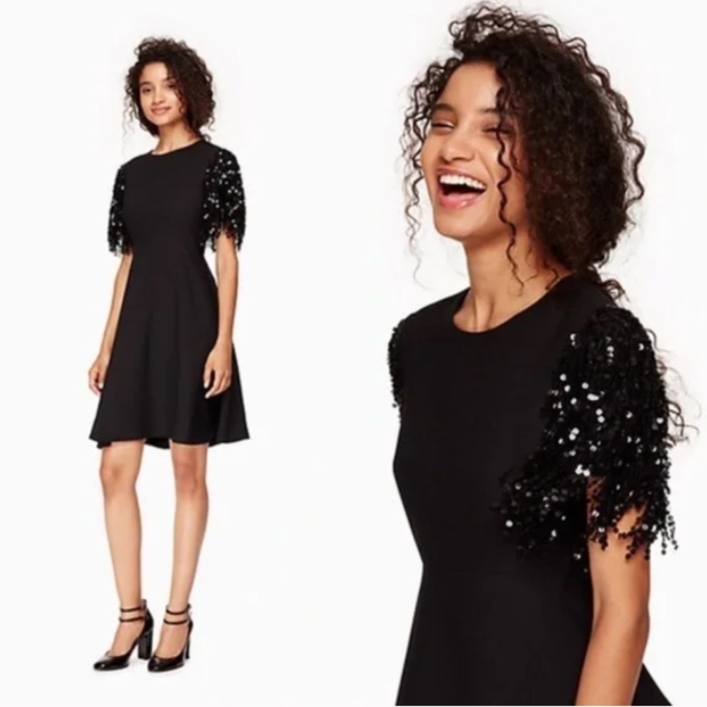 KATE SPADE - Sequin Fringe Swing Black Cap Sleeve Mini Cocktail Dress